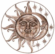 Decorațiune metalică de perete Soare cu lună dincupru, 68 x 4 x 68 cm