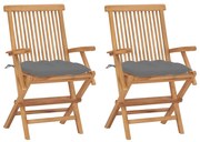 vidaXL Scaune de grădină cu perne gri, 2 buc., lemn masiv de tec