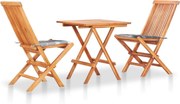 vidaXL Set bistro cu perne gri carouri, 3 piese, lemn masiv de tec