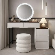 Set EMILY, Masă de toaletă pentru machiaj cu oglindă iluminată LED, în trei culori, intensitate reglabilă, control touch, comoda, taburet, 80 cm, Alb Ivory