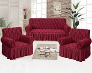 Set huse elastice pentru canapea 3 Locuri si 2 fotolii, cu volanas, model Jacquard Bordo