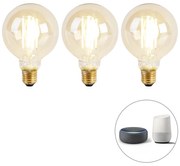 Set de 3 becuri LED inteligente E27 cu reglare a luminozității la cald G95 Goldline 7W 806lm 1800K - 3000K
