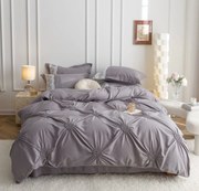 Lenjerie Pat Dublu, Bumbac Soft Touch, 6 piese, cu Pliuri Brodate - Gri