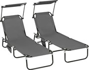 Outsunny Set 2 șezlonguri pliante cu parasolar, spătar reglabil în 5 trepte, Gri închis | Aosom Romania
