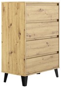 Comoda 4 sertare , 70 cm lungime x38,8 cm adancime x 99,4 cm, pal stejar artisan picioare negre ,canturi abs, fara manere stejar artisan, 70 cm, 100