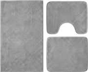 Set covoare baie antiderapante, 3 piese, gri, textura soft cu acolade