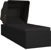 vidaXL Șezlong cu copertină și pernă, negru, poliratan