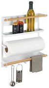 Raft de bucătărie MAGNA multifuncțional cu suport pentru prosoape de hârtie și cârlige, instalare fără găurire, alb, WENKO