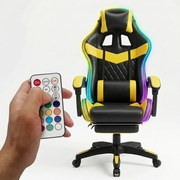 Scaun gaming, sistem iluminare bandă LED RGB, masaj în perna lombară, suport picioare, Negru/Galben
