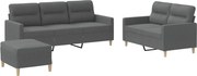 vidaXL Set de canapele cu perne, 3 piese, gri închis, textil