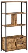 HOMCOM Biblioteca cu 3 Rafturi, Dulap si 2 Sertare, Biblioteca Stil Industrial din PAL si Metal, 58x24x122 cm, Negru si Lemn natur | Aosom Romania