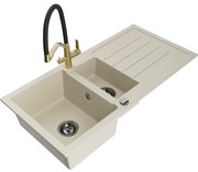Mexen Andres chiuvetă de granit 1,5 cuve cu scurgător și baterie de bucătărie Duo, bej - 6515-69-671701-57-B