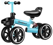Bicicleta echilibru fara pedale, 4 roti, 12", pentru copii 2-5 ani, Albastru