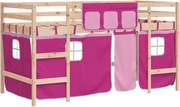 vidaXL Pat etajat de copii cu perdele, roz, 90x190 cm, lemn masiv pin