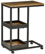 HOMCOM Masa laterala cu roti pentru canapea sau pat, Stil industrial, Otel si MDF, Maro si Negru | Aosom Romania