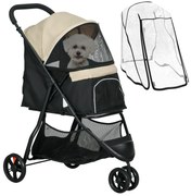 PawHut Cărucior pentru Câini cu 3 Roți, Cărucior Pliant cu Husă de Ploaie, Coș și Curea, 80,5x51,5x100 cm, Kaki | Aosom Romania