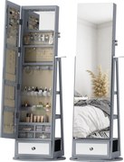 HOMCOM Oglindă portarbijuterii cu lumini LED Dulap portarbijuterii cu oglindă completă Rotativ de 360° Sertar Încuietoare Gri deschis | Aosom Romania