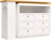 Masă de bar extensibilă cu rotire 360°, 6 sertare și raft lateral pentru gustări, 137-203x39x90 cm, Alb