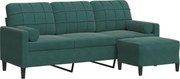 vidaXL Canapea cu 3 locuri și taburet, verde închis, 180 cm, catifea