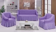 Set huse elastice si creponate pentru canapea 3 locuri si 2 fotolii, cu volanas, culoare Lila