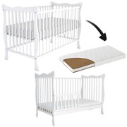 Patut din lemn masiv cu bariera 120x60 cm Kidizi Isla alb si saltea cocos LUX 120x60x12 cm,reglabil pe 3 nivele, certificat EN71