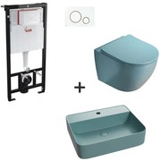 Set vas wc rimless cu capac soft close, lavoar baie verde turcoaz si rezervor wc cu clapeta alba detalii aurii