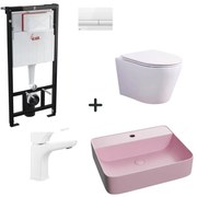 Set vas wc rimless cu capac soft close, lavoar baie roz mat, baterie si rezervor wc cu clapeta alb lucios