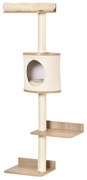 PawHut Copac pentru Pisici de Perete 38x30x149 cm cu Multiple Platforme din Lemn Vizuini Pat Superior Pernă Detașabilă Stâlpi Zgârietoare din Sisal Turn de Cățărat Bej și Stejar | Aosom Romania