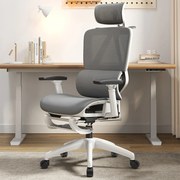 Scaun ergonomic, suport lombar dinamic, tetieră 3D, cotiere 3D, umeras, suport picioare, Mesh, Alb/Gri