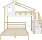 Pat supraetajat 90x200 cm cu scară cu spațiu de depozitare pentru copii, fără saltea, Culoare naturală+Alb