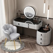 Set Lucia Premium, Masă de toaletă pentru machiaj, incarcare Wireless+USB+USB C, difuzor Bluetooth, oglindă iluminată LED, control touch, trei tipuri culoare, 6 sertare, scaun, 100 cm