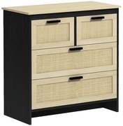HOMCOM Comodă 4 Sertare, Mobilier Sufragerie/Dormitor, PAL și Ratan, 80x38x80cm, Negru/Lemn Natural | Aosom Romania
