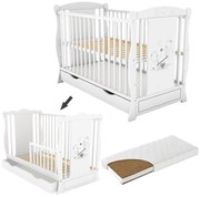 Patut din lemn masiv 2 in 1 Maya alb cu sertar si saltea cocos de 12 cm, include bariera