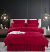 Set Lenjerie de Pat Bumbac Finet Uni cu Volanase, 6 Piese, Pat 2 Persoane, Rosu Inchis