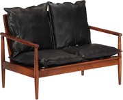 vidaXL Canapea cu 2 locuri, negru, piele naturală & lemn masiv acacia