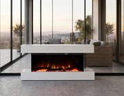 Șemineu electric, montare independentă, cadru MDF, sticla securizata, flacara LED cu efect realist, difuzor cu sunet de lemne trosnind, Alb