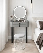 Set Bianca, Masă de toaletă pentru machiaj cu oglindă iluminată LED, control touch, taburet tapitat, 60x38x76 cm, Gri/Negru