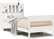 vidaXL Pat cu bibliotecă fără saltea, alb, 90x200 cm, lemn masiv pin