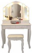 Set Anastasia, masă de toaletă cu 3 oglinzi iluminate LED, control touch, 4 sertare, scaun, Alb