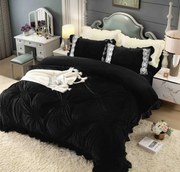 Lenjerie pat dublu, Catifea Deluxe, cu pliuri brodate, 4 piese, Negru