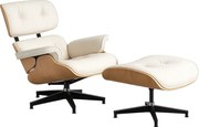 AVALON Accent Lounge Chair & Ottoman – Fotoliu Premium cu Taburet, Design Ergonomic, Piele Ecologică PU Premium, Furnir culoare Lemn Natural, Bază Pivotantă din Aluminiu, Alb