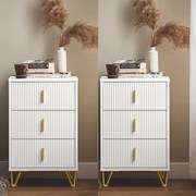 NOA45 - Set 2x Noptiere albe 40x40x63cm, riflaje, cu sau fara Priza, cu 3 sertare, dormitor - Alb-Auriu