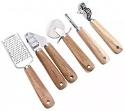 Set ustensile bucatarie Kassel KS 93706, 5 piese, Manere salcam, Otel inoxidabil