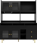 Dulap înalt pentru sufragerie, cu uși cu geam perforat, decor auriu și spațiu mare de depozitare pe mai multe niveluri, 145x39x171 cm, Negru