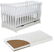 Patut din lemn masiv 120x60 cm Bethany alb cu sertar, include saltea cocos 12 cm