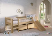 Pat Semi-Înălțat (Mid Sleeper) Forrest Oak 90x200 cm, pentru Camera Copii, din Lemn de Stejar, Natur, cu Tobogan și Sertare – Vipack