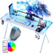 DOWINX Birou de Gaming RGB cu Iluminare Multicoloră și Design din Fibră de Carbon, Telecomanda, Mouse pad impermeabil, 120 cm, Alb