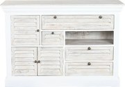 Comodă cu sertare și uși, vintage, din lemn de mango, alb, cu 4 sertare, 3 uși cu jaluzele și nișă, décapé, 80 x 115 x 40 cm, „Worn out White”