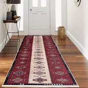 Traversa hol antiderapanta, 80x300 cm, visiniu cu crem, model etnic