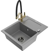 Mexen Enzo chiuvetă de bucătărie din granit 1-cameră cu picurător și baterie de bucătărie Duo, gri - 6506-71-671701-57-B